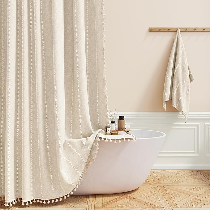 BTTN Boho Shower Stall Curtain - 48x72 Narrow Farmhouse Linen Ultra Thick Tassel Fabric Shower Curtain Set with 8 Hooks, Half Striped Camper RV Modern Country Shower Curtains for Bathroom, Cream/Beige