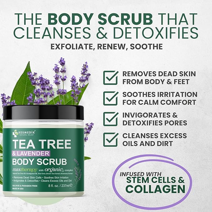 Pure Tea Tree Oil Body & Foot Scrub, Himalayan Salt Exfoliating Scrub with Stem Cells & Shea Butter, Antifungal Defense, Acne Support, Itchy Skin Relief, Removes Dead Skin & Rough Patches