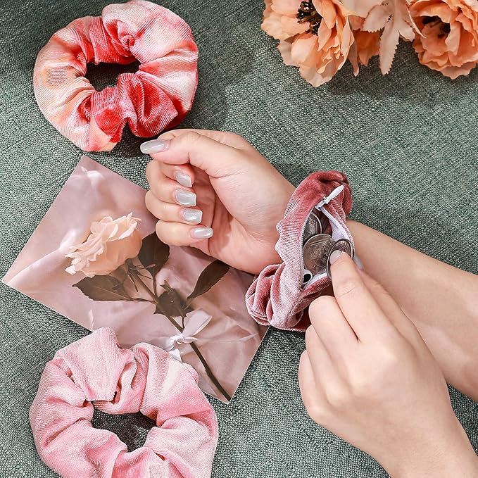 Velvet Scrunchies with Zippers Pocket, 8 Pcs Blush Theme Soft Hair Ties, Hidden Pocket Hair Scrunchies Accessories for Women Girls, Ponytail Holder Secret Compartment Items (Pink)