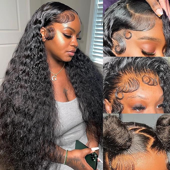 Dianthe 28 Inch Deep Wave Lace Front Wigs Human Hair Pre Plucked Glueless 13x6 HD Lace Curly Human Hair Wig 180% Density Wet and Wavy Frontal Wigs for Women with Baby Hairline