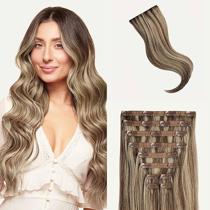 Luxy 100% Remy Human Hair, Classic 160g Clip-In Hair Extensions - 10 Wefts Multi-Dimensional Color for Natural Blending, Adds Volume & Length, Easy Apply & Remove 20" Ash Brown Highlights