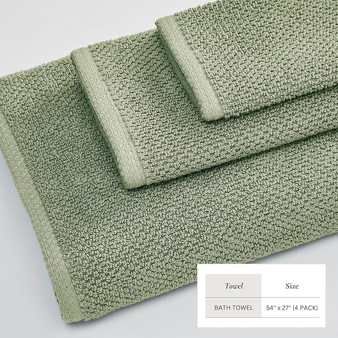Great Bay Home 100% Cotton 4 Pack 54x27 Bath Towel Set - Absorbent, Quick-Drying, Durable Towels for Bathroom Decor - Low-Twist, Two-Ply Fibers (Eucalyptus)