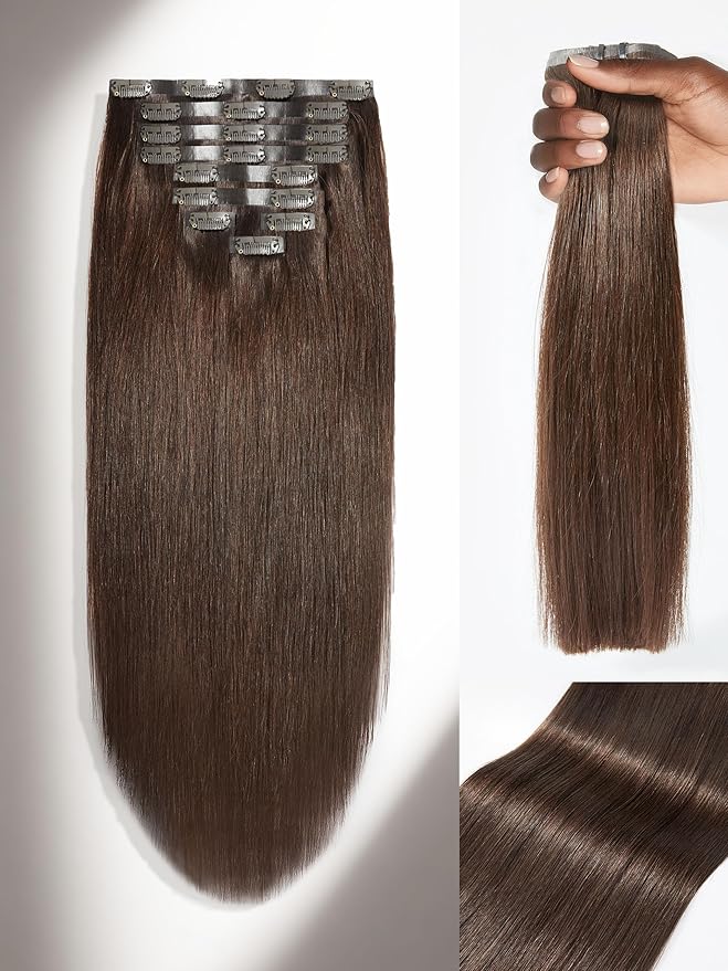 LUVME Clip in Hair Extensions Real Human Hair, Remy Human Hair Extensions Clip ins for Women, Dark Brown Extensions, 18inch 135g 9Pcs Silky Straight Hair