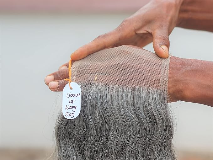 5x5 Closure 14" Salt & Pepper/Natural Gray Transparent Lace Hand Made with 100% Natural Indian Virgin Temple Raw Hair