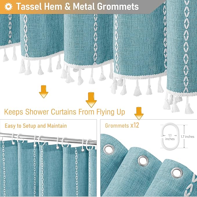BTTN 78 Inch Long Shower Curtain - Boho Farmhouse Linen Striped Fabric Shower Curtain Set with Tassel, Tall Country Water Repellent Cloth Shower Curtains Set for Bathroom with Hooks, 72x78, Teal