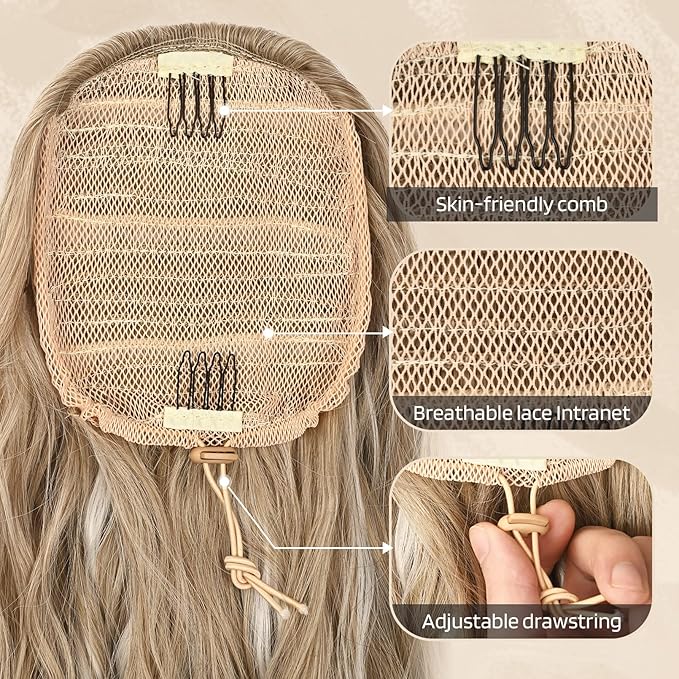 FLUFYMOOZ Ponytail Extension, 22 Inch Drawstring Ponytail Hair Extensions for Women， Long Curly Wavy Ponytail Natural Synthetic Hairpiece for Women (22 Inch Blonde with Blonde Highlights)