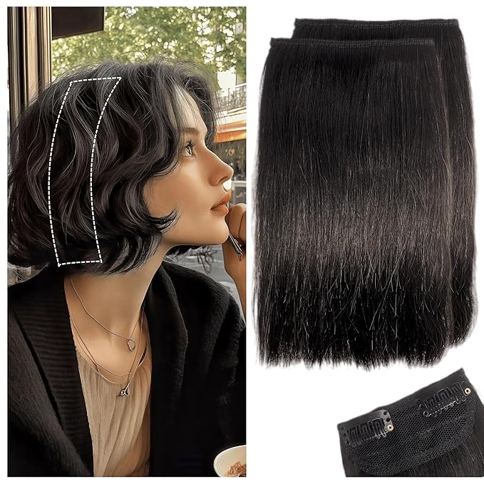 2 Pcs Short Hair Extensions, Human Hair Pieces for Women Adding Volume 8 Inch Natural Black