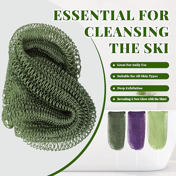 African Net Sponge Authentic, 3 Pieces Exfoliating Scrubber Bath Sponge for All Skin Types, Back Scrubber Loofah Washcloth for Shower, Gentle Exfoliation (Dark Green,Light Green,Purple)