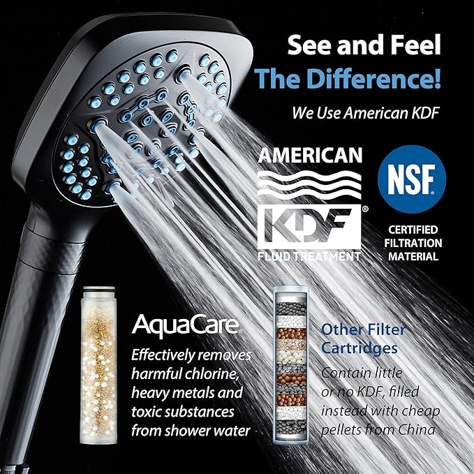 6-way High Pressure 82 Spray Mode Filtered Showerhead Combo - Handheld Shower Head Filters Chlorine to Heal Dry Skin, Revive Hair - Dual Power Wash Cleans Tub, Tile, Pets - Hard Water Softener, Black