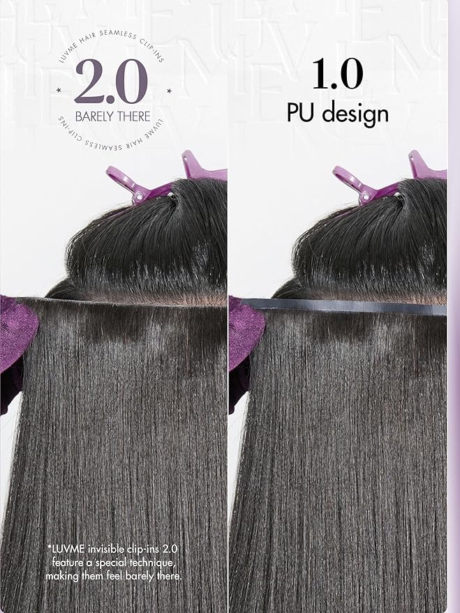 LUVME Invisible Clip in Hair Extensions, Yaki Straight Real Human Hair 20 Inch 2 Pack 220g 12pcs Clip ins Hair Extensions Natural Black for Women