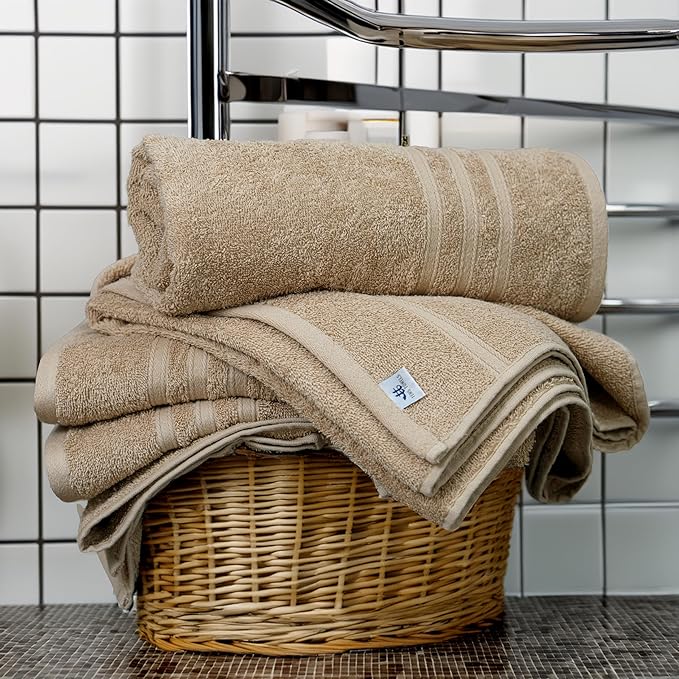 Tens Towels Pack of 4 Soft Bath Towels, 100% Cotton, 27 x 54 Inches, Lightweight & Quick-Dry, Ideal for Daily Bathroom Use, Practical & Comfortable, Beige