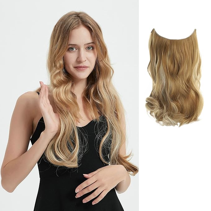 Invisible Wire Hair Extensions Transparent Wire Adjustable Size 4 Secure Clips Long Wavy Curly Secret Hairpiece 14 Inch for Women