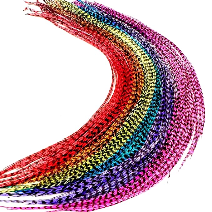 21 Rainbow Grizzly Color Hair Extensions – 9”–14” Long – DIY Rooster Kit with 20 Micro-Link Beads – 100% Real Feathers – Eye-Catching Boho Style