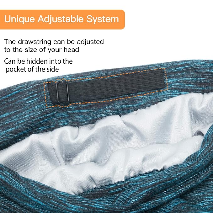 Silk Satin Lined Bonnet Sleep Cap - Adjustable Stay on All Night Hair Wrap Cover Slouchy Beanie for Curly Hair Protection for Women and Men - Heather Lake Blue