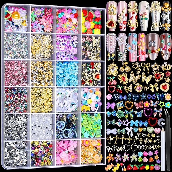 FANDAMEI Nail Charms and Gems, 24 Grids Nail Art Kit for Design, Y2K 3D Charms Rhinestone, Gold Metallic Nail Gems, Flatback AB Nail Rhinestones Gold Nail Pearls, 3D Fruits Flowers Nail Jewels