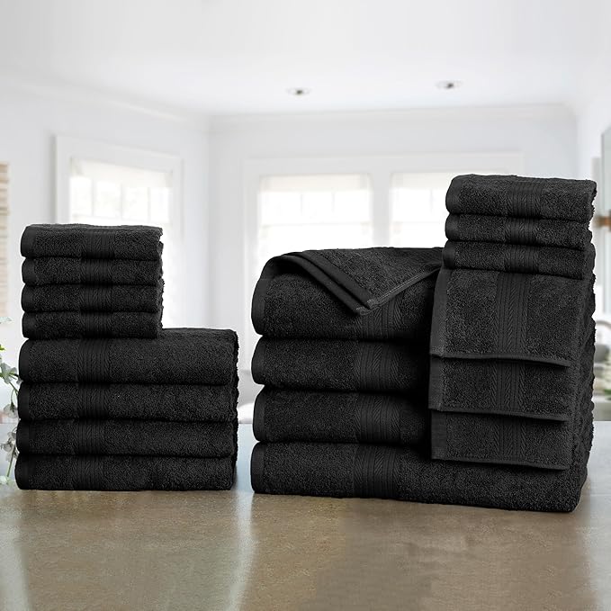 Ample Decor Bathroom Towel Set of 18-4 Hand Towel, 4 Bath Towel, 10 Wash Cloths - Oeko Tex Certified 600 GSM 100% Cotton - High Absorbency Quick Drying, Ideal for Gifting - Black