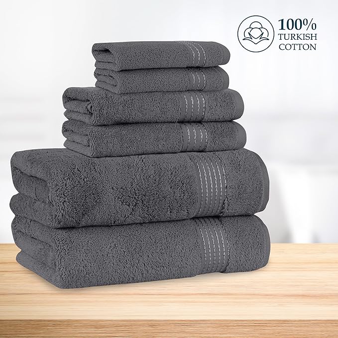 Mocassi Luxury 100% Turkish Cotton 6-Piece Towel Set - Ultra Soft, Quick Dry Highly Absorbent Premium Spa Hotel Quality Bath Towels, Includes 2 Bath Towels, 2 Hand Towels and 2 Washcloths, Gray