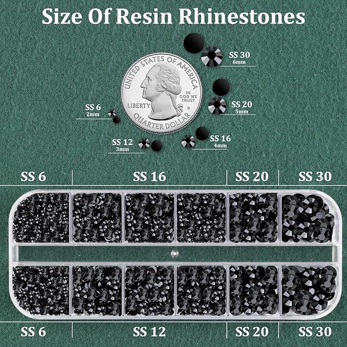 Resin Black Rhinestones for Bedazzling with B7000 Jewelry Glue, 1 Box Flatback Crystals with 3Pcs 10ml Glue for Crafting, Gems for Nail Art Makeup