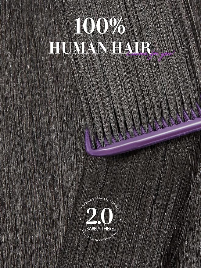 LUVME Invisible Clip in Hair Extensions, Yaki Straight Real Human Hair Remy Hair Clip ins for Women, Natural Human Hair, 16 inch 110g 6Pcs, Natural Black