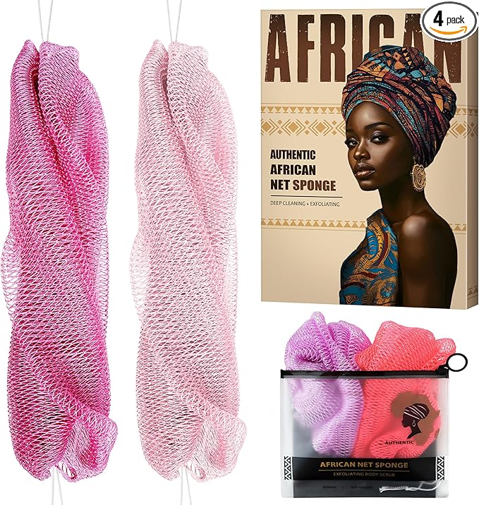 Authentic African Net Sponge with Knots - Afro Scrubber Bath Loofah Exfoliating Net Sponge for Shower - 4 Pack African Bath Sponges Exfoliator for Most Skin Types Back Scrub Washer Accessories