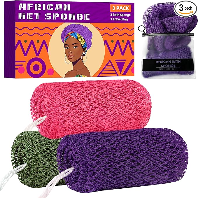 African Net Sponge Authentic, 3 Pieces Exfoliating Scrubber Bath Sponge for All Skin Types, Back Scrubber Loofah Washcloth for Shower, Gentle Exfoliation, Gift 1 Travel Bag (Purple, Pink, Dark Green)
