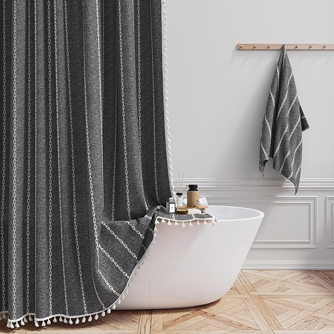 BTTN Boho Farmhouse Shower Curtain - Linen Rustic Heavy Duty Striped Fabric Shower Curtain Set, Bohemian Vintage Country Cloth Shower Curtains for Bathroom, Charcoal Grey, 72" W x 84" L (Pack of 1)