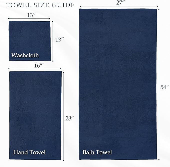 Mocassi Luxury 100% Turkish Cotton 6-Piece Towel Set - Ultra Soft, Quick Dry Highly Absorbent Premium Spa Hotel Quality Bath Towels, Includes 2 Bath Towels, 2 Hand Towels and 2 Washcloths, Navy Blue