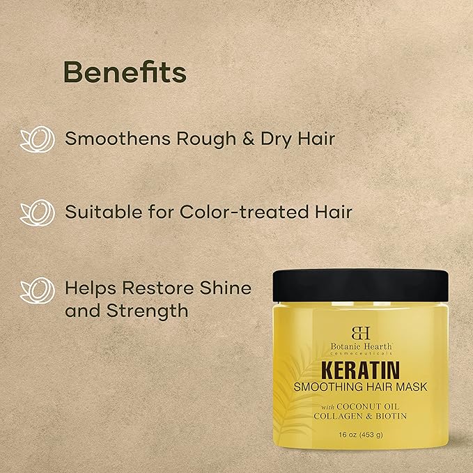 Botanic Hearth Keratin Hair Mask | Biotin, Collagen & Coconut Oil | for Dry Damaged Treated Hair | Restore, Repair, Smoothing, Conditioning & Strengthen All Hair Types | for Men & Women | 16 Oz