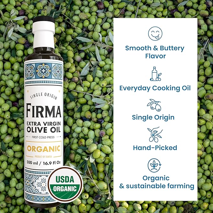 Organic Extra Virgin Olive Oil – Single Origin Chemlali Olives from Tunisia, USDA Certified, Smooth & Buttery, First Cold Press, Hand-Picked, Family Made, Everyday Cooking Oil - 500mL (16.9 oz)
