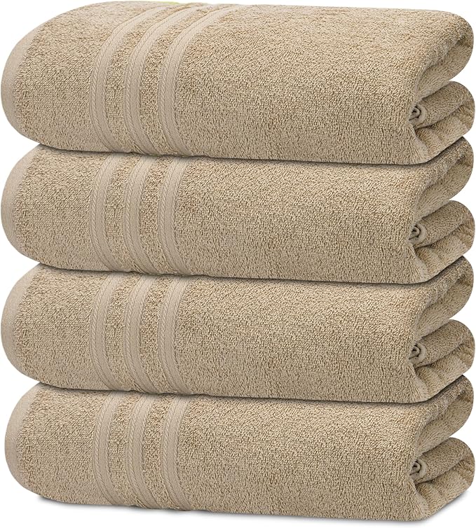Tens Towels Pack of 4 Soft Bath Towels, 100% Cotton, 27 x 54 Inches, Lightweight & Quick-Dry, Ideal for Daily Bathroom Use, Practical & Comfortable, Beige