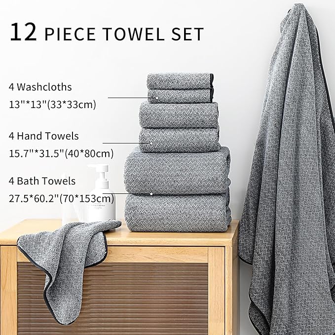 Ultra Soft Bath Towel Set,12 Piece (4 Bath Towels,4 Hand Towels,4 Washcloths) Family Bathroom Towel Set with Hanging Loops,Quick Dry Extra Absorbent Fluffy Shower Towel for Bathroom,Hotel,Spa-Black