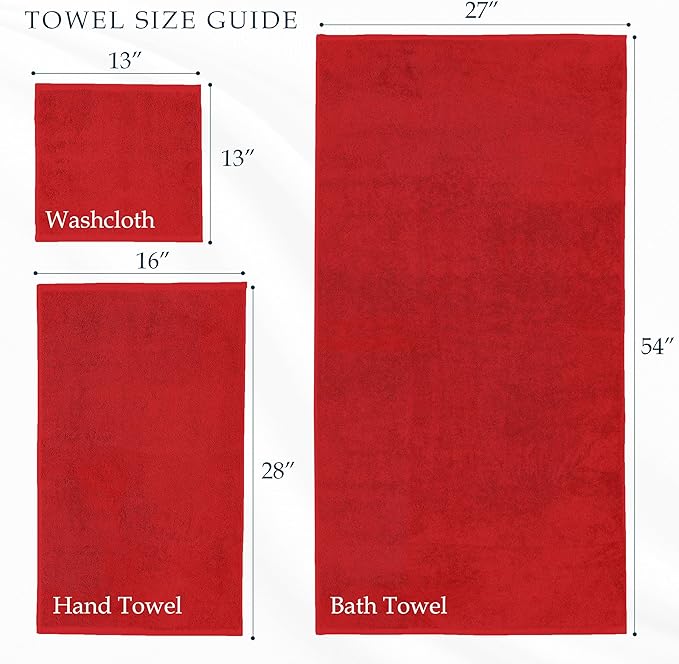 Mocassi Luxury 100% Turkish Cotton 6-Piece Towel Set - Ultra Soft, Quick Dry Highly Absorbent Premium Spa Hotel Quality Bath Towels, Includes 2 Bath Towels, 2 Hand Towels and 2 Washcloths, Red