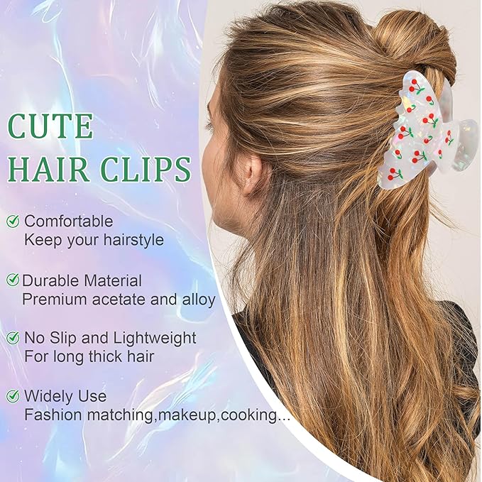 OWIIZI Cherry Hair Clips for Women 3.5" Durable Acetate Cute Hair Claw Clips Ponytail Barrette Strong Hold Acrylic Hair Accessories for Girls Long Thick Hair