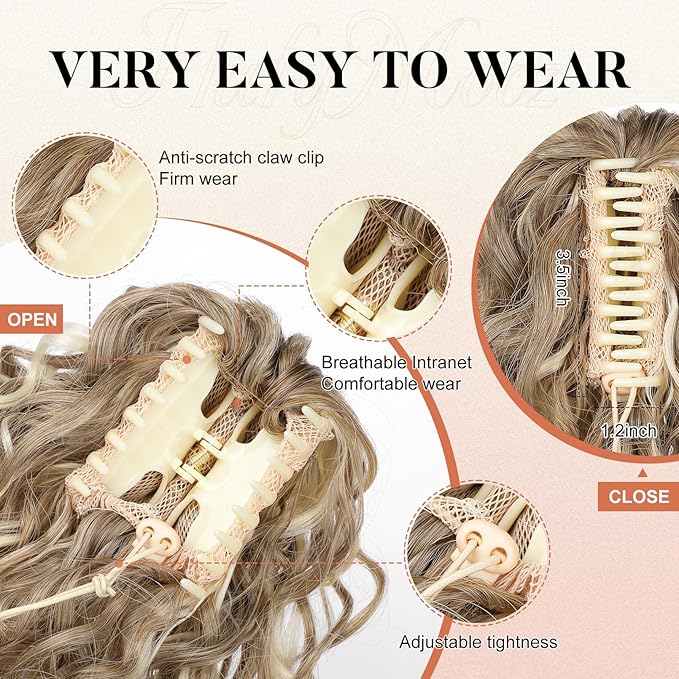 Flufymooz Ponytail Extension, 12" Short Claw Ponytail Extension Wavy Curly Jaw Clip in Pony tails Hair Extension Natural Synthetic Hairpiece for Women (Honey Blonde with Blonde Highlights)