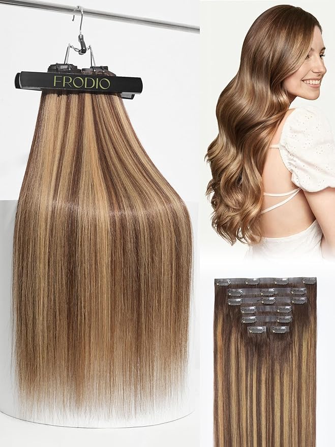 Frodio Clip Ins Hair Extensions Black: Remy Real Human Hair Pu Seamless Silk Long Straight Invisible Full Thick Virgin Brazilian Blonde Highlight Color Beauty For Women Can Be Body Wave 100g 7 Piece