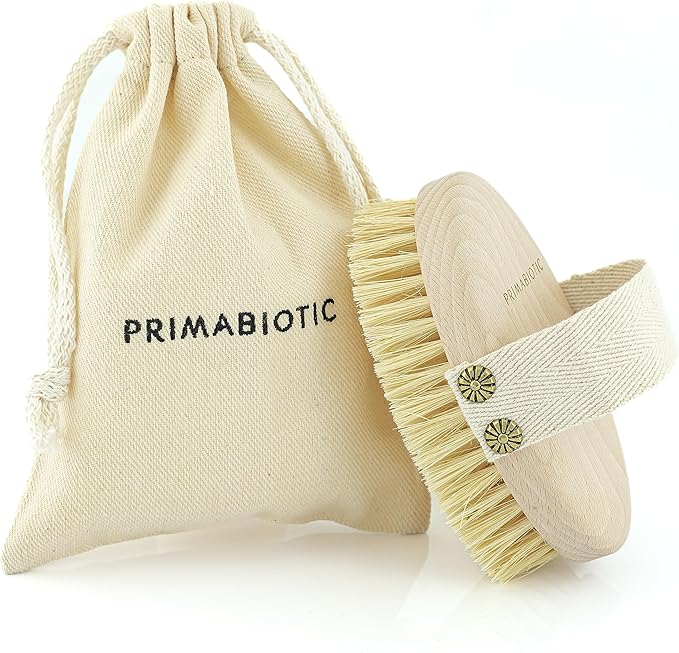 Primabiotic Body Massage Brush with Pouch – Eco-Friendly Product from Europe – Beech Wood & Agave Fibers – Oval Handle with Cotton Strap – Ideal for Dry Massage and Cellulite Reduction
