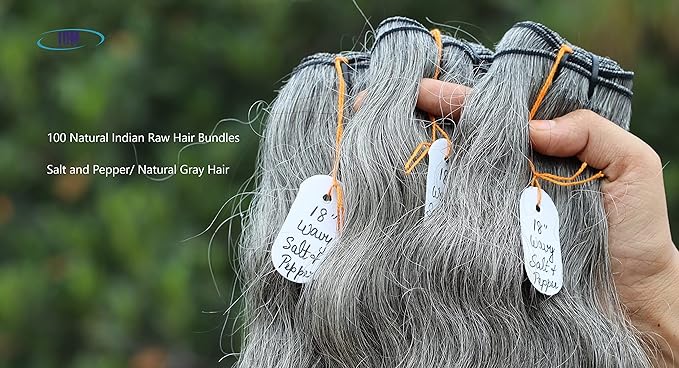 18' Wavy Salt & Pepper/Natural Gray 3 bundles. 100% Natural Indian Virgin Raw Hair Extensions. Unprocessed, Chemical-Free