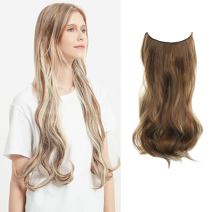 Invisible Wire Hair Extensions Transparent Wire Adjustable Size 4 Secure Clips Long Wavy Curly Secret Hairpiece 18 Inch for Women