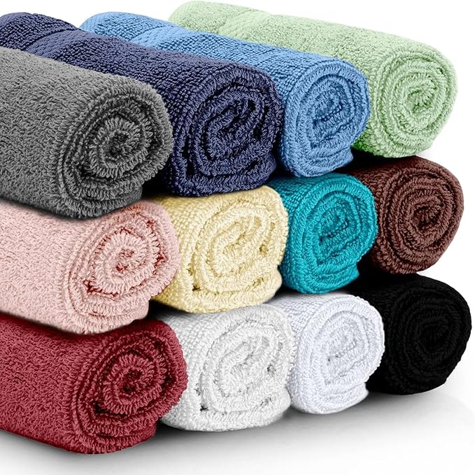 White Classic Luxury Cotton Washcloths 13x13 Inch - 650 GSM Turkish Cotton | Hotel, Spa, Bathroom Face Towel | 12 Pack, Multicolor