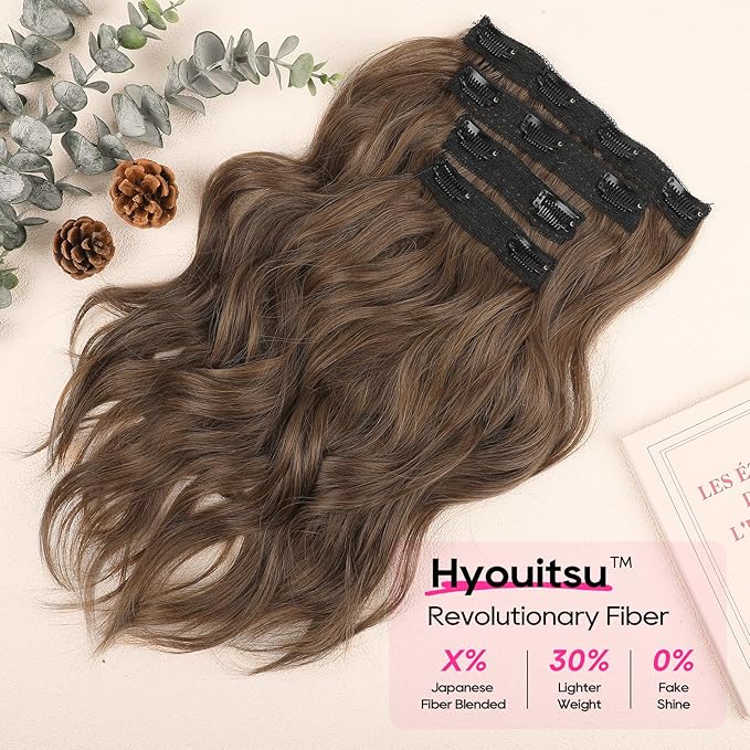 REECHO Clip in Hair Extensions - 14" Short Beach Wavy Hairpieces - Invisible Lace Weft - Natural Soft - Light Brown