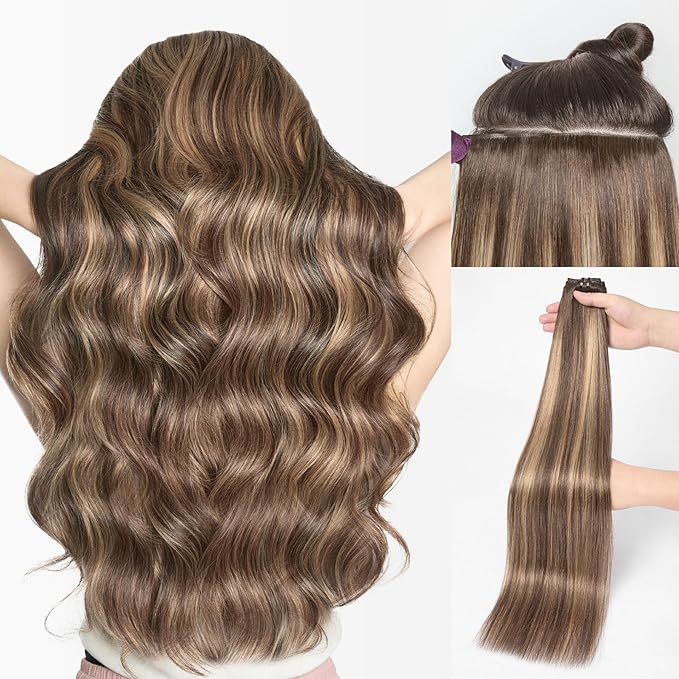 LUVME Invisible Clip in Hair Extensions Real Human Hair, 14 inch 110g 6Pcs, Natural Chestnut Brown Highlights Human Hair Extensions Clip ins for Women, Natural Seamless Straight Human Hair