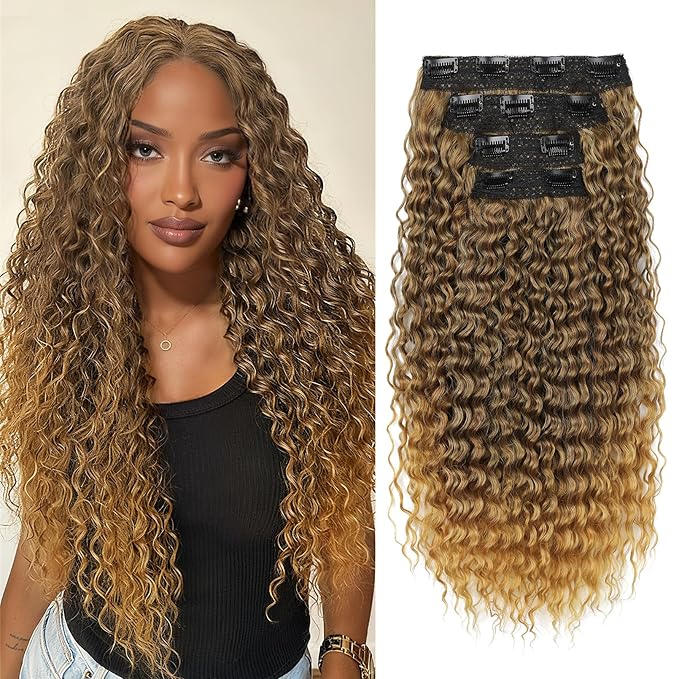 REECHO Hair Extensions - 4PCS 20" Water Wave Clip in Hair Extensions 100% Super Protein Silky Soft Natural Look with Invisible Lace Weft Hairpieces for Women - Mocha Foil with Lighter Ends