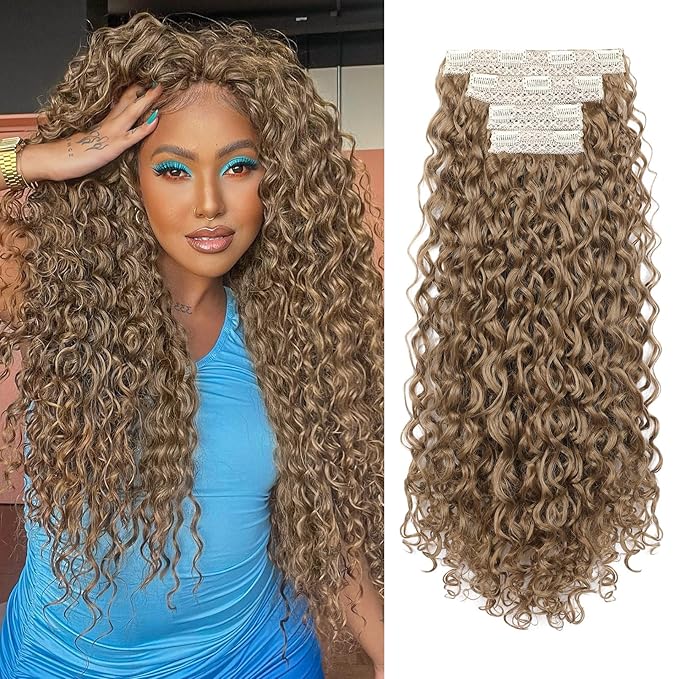 LONAI 4PC Clip in Hair Extensions, 100％ Pure Protein Silk Curly Hair Extension for Women, 26 Inch Long Soft Natural Hair Extensions-Deep Dirty Blonde