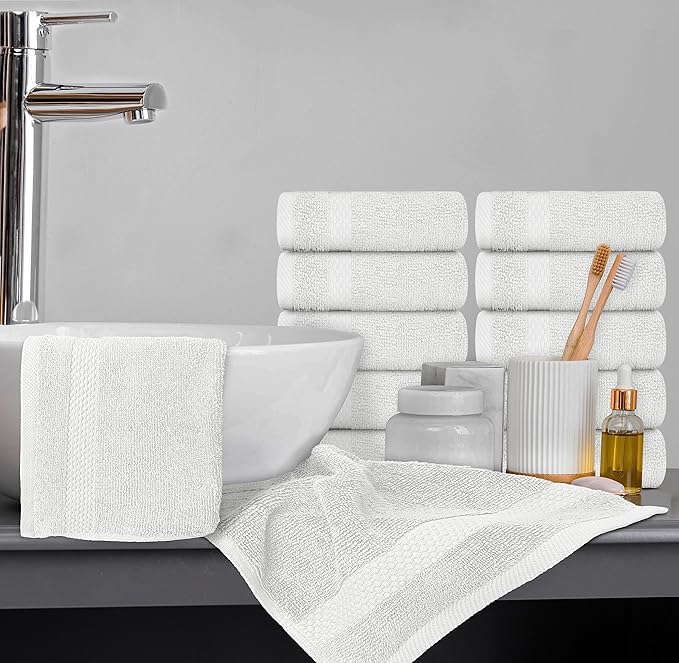 White Classic Luxury Cotton Washcloths 13x13 Inch - 650 GSM Turkish Cotton | Hotel, Spa, Bathroom Face Towel | 12 Pack, Silver