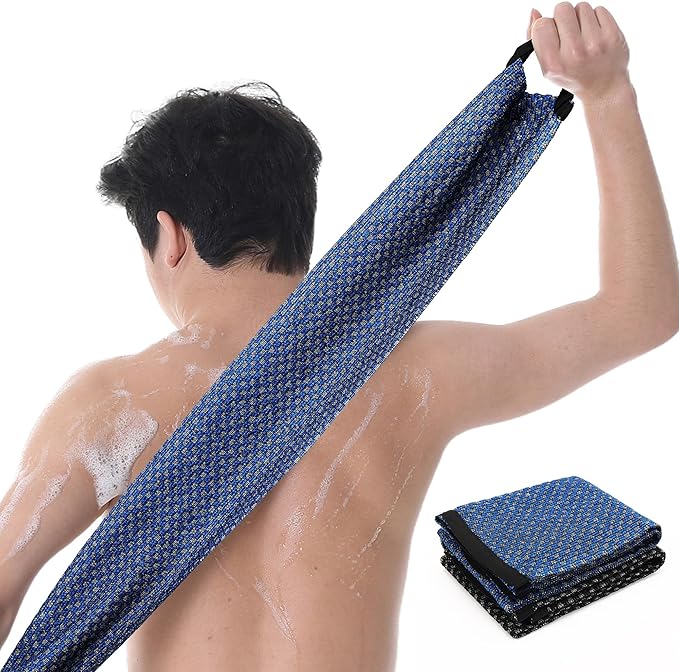 Japanese Exfoliating Loofah Back Scrubber - Shower Bath Towel for Men & Women (2 Pack Blue, 33.4" x 11.8")