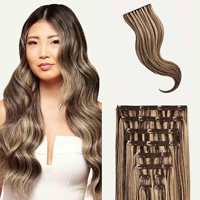 Luxy 100% Remy Human Hair, Classic 160g Clip-In Hair Extensions - 10 Wefts Multi-Dimensional Color for Natural Blending, Adds Volume & Length, Easy Apply & Remove 16" Mocha Brown Highlights