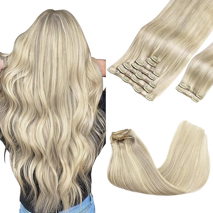 GOO GOO Clip in Hair Extensions Real Human Hair, Remy Human Hair Extensions Clip ins for Women, Natural Human Hair, 18inch 150g 9Pcs, 17A/60A Ash Blonde Highlighted Platinum Blonde