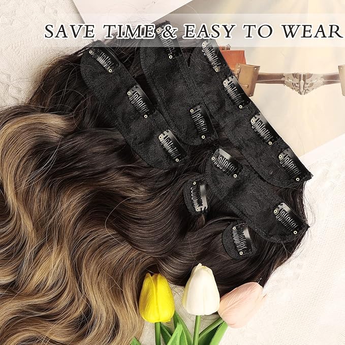 NAYOO Clip in Hair Extensions for Women 20 Inch Long Wavy Curly Ombre Brown to Blonde Hairpieces Full Head Synthetic Hair Hairpieces(6PCS,Ombre Brown to Blonde)