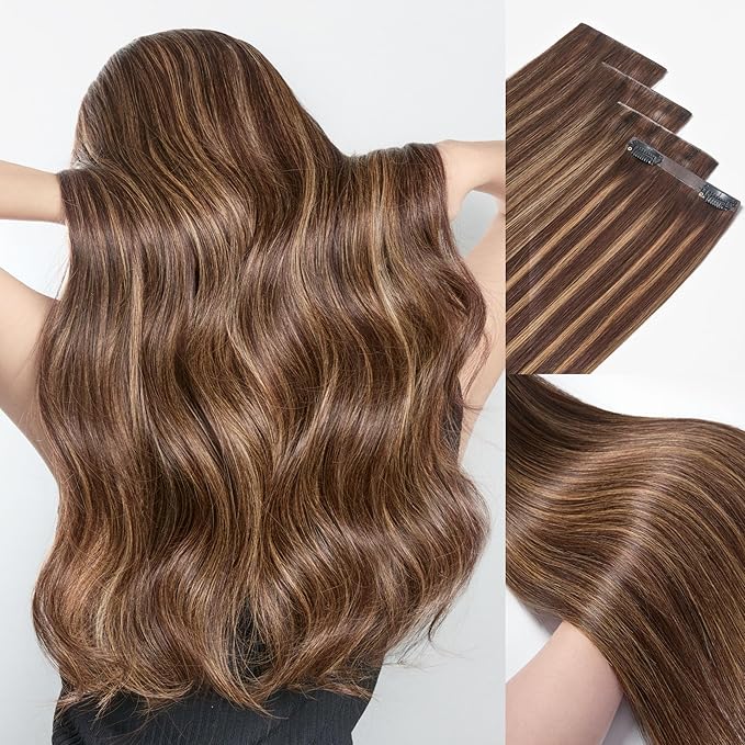 LUVME Invisible Clip in Hair Extensions Real Human Hair, 14 inch 110g 6Pcs, Natural Brown Highlights Human Hair Extensions Clip ins for Women, Natural Seamless Straight Human Hair