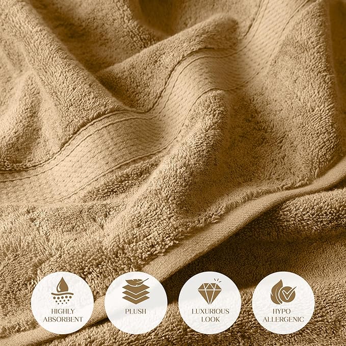 Superior Egyptian Cotton Pile Bath Towel Set of 2, Ultra Soft Luxury Towels, Thick Plush Essentials, Absorbent Heavyweight, Guest Bath, Hotel, Spa, Home Bathroom, Shower Basics, Toast